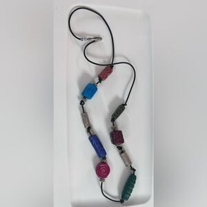 Vintage PIER 1  Colorful textured clay Bead Necklace knot cord boho casual